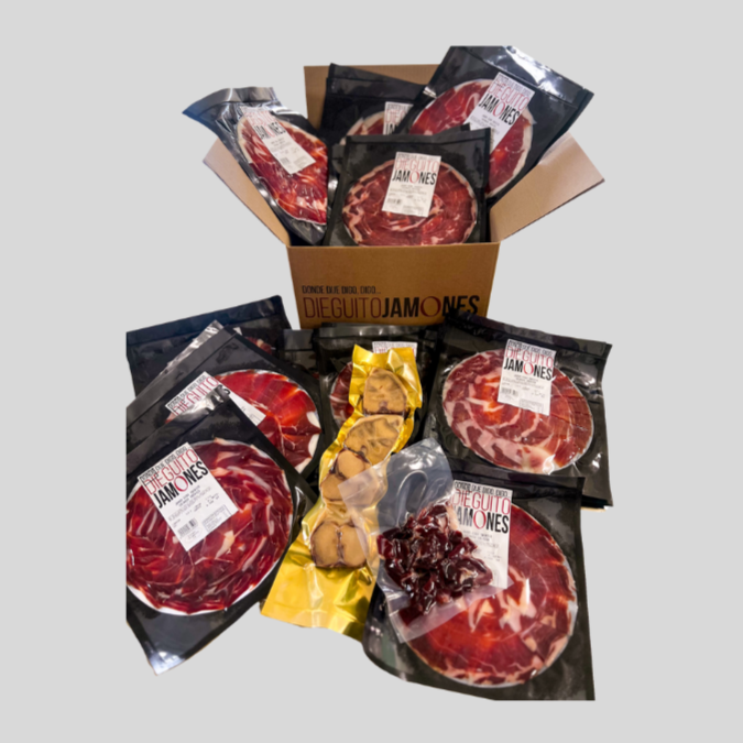 Pieza entera cortada a mano de Jamón de Cebo Ibérico 50% raza Ibérica - 40 sobres 100gr + tacos + huesos