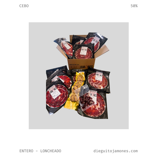 Pieza entera cortada a mano de Jamón Ibérico Cebo 50% - 40 sobres 100gr + tacos + huesos